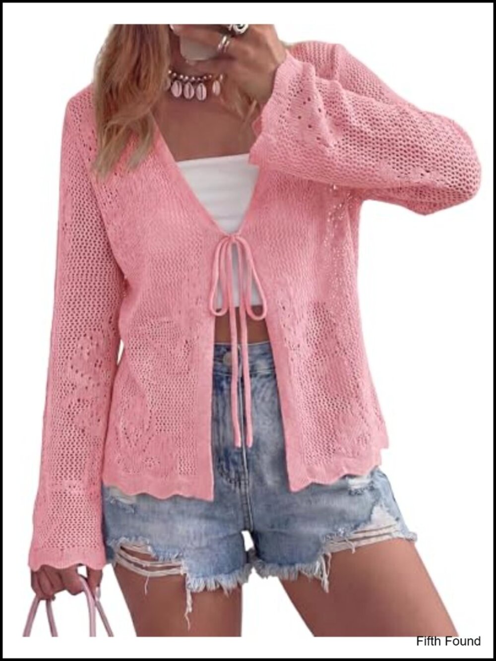BTFBM Crochet Cardigan Tie-Front Bell Sleeve Knit Women's
